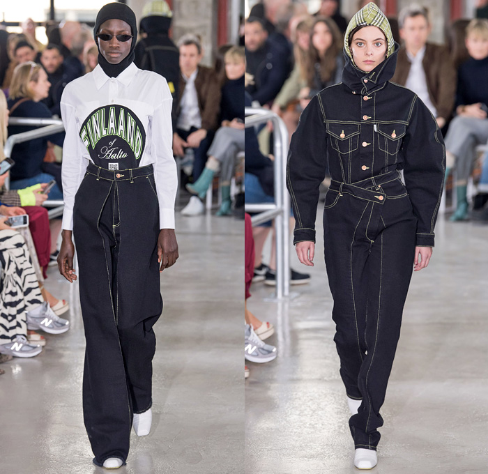 Aalto 2019-2020 Fall Autumn Winter Womens Runway Catwalk Looks - Mode à Paris Fashion Week France - Finlaand Contrast Stitching Denim Jeans Asymmetrical Knit Turtleneck Sweater Skirt Floral Abstract Print Mix Mash Up Panels Hoodie Headscarf Plaid Check Chain Hypnotic Stripes Onesie Rope Tied Buttons PVC Vinyl Jacket Quilted Puffer Parka Fur Shearling Pantsuit Coatdress Blouse Tote Bag Snakeskin Boots Hat Beret