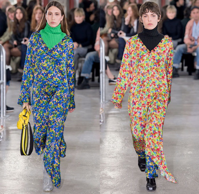 Aalto 2019-2020 Fall Autumn Winter Womens Runway Catwalk Looks - Mode à Paris Fashion Week France - Finlaand Contrast Stitching Denim Jeans Asymmetrical Knit Turtleneck Sweater Skirt Floral Abstract Print Mix Mash Up Panels Hoodie Headscarf Plaid Check Chain Hypnotic Stripes Onesie Rope Tied Buttons PVC Vinyl Jacket Quilted Puffer Parka Fur Shearling Pantsuit Coatdress Blouse Tote Bag Snakeskin Boots Hat Beret