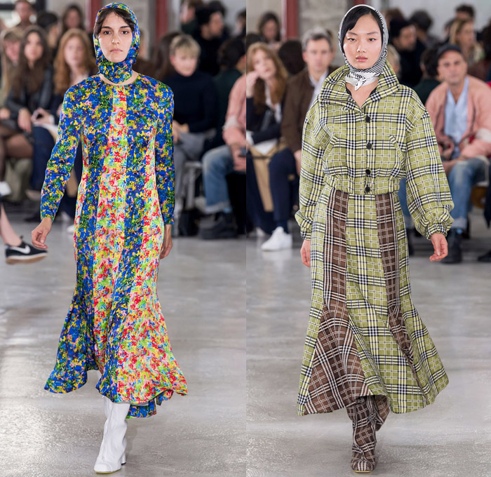 Aalto 2019-2020 Fall Autumn Winter Womens Runway Catwalk Looks - Mode à Paris Fashion Week France - Finlaand Contrast Stitching Denim Jeans Asymmetrical Knit Turtleneck Sweater Skirt Floral Abstract Print Mix Mash Up Panels Hoodie Headscarf Plaid Check Chain Hypnotic Stripes Onesie Rope Tied Buttons PVC Vinyl Jacket Quilted Puffer Parka Fur Shearling Pantsuit Coatdress Blouse Tote Bag Snakeskin Boots Hat Beret