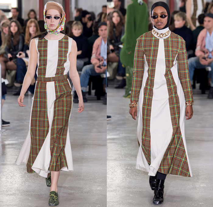 Aalto 2019-2020 Fall Autumn Winter Womens Runway Catwalk Looks - Mode à Paris Fashion Week France - Finlaand Contrast Stitching Denim Jeans Asymmetrical Knit Turtleneck Sweater Skirt Floral Abstract Print Mix Mash Up Panels Hoodie Headscarf Plaid Check Chain Hypnotic Stripes Onesie Rope Tied Buttons PVC Vinyl Jacket Quilted Puffer Parka Fur Shearling Pantsuit Coatdress Blouse Tote Bag Snakeskin Boots Hat Beret