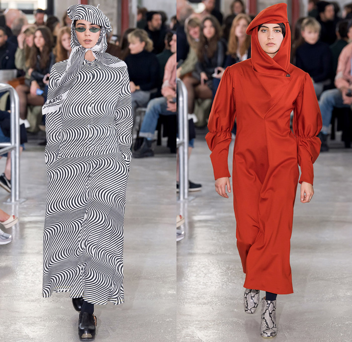 Aalto 2019-2020 Fall Autumn Winter Womens Runway Catwalk Looks - Mode à Paris Fashion Week France - Finlaand Contrast Stitching Denim Jeans Asymmetrical Knit Turtleneck Sweater Skirt Floral Abstract Print Mix Mash Up Panels Hoodie Headscarf Plaid Check Chain Hypnotic Stripes Onesie Rope Tied Buttons PVC Vinyl Jacket Quilted Puffer Parka Fur Shearling Pantsuit Coatdress Blouse Tote Bag Snakeskin Boots Hat Beret