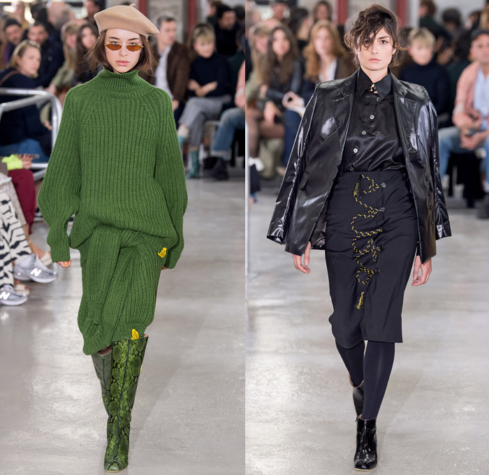Aalto 2019-2020 Fall Autumn Winter Womens Runway Catwalk Looks - Mode à Paris Fashion Week France - Finlaand Contrast Stitching Denim Jeans Asymmetrical Knit Turtleneck Sweater Skirt Floral Abstract Print Mix Mash Up Panels Hoodie Headscarf Plaid Check Chain Hypnotic Stripes Onesie Rope Tied Buttons PVC Vinyl Jacket Quilted Puffer Parka Fur Shearling Pantsuit Coatdress Blouse Tote Bag Snakeskin Boots Hat Beret