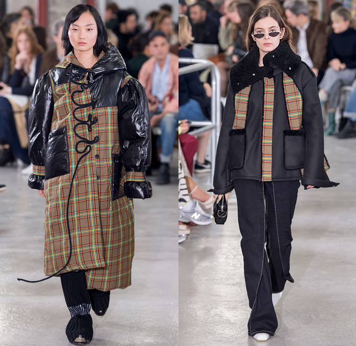 Aalto 2019-2020 Fall Autumn Winter Womens Runway Catwalk Looks - Mode à Paris Fashion Week France - Finlaand Contrast Stitching Denim Jeans Asymmetrical Knit Turtleneck Sweater Skirt Floral Abstract Print Mix Mash Up Panels Hoodie Headscarf Plaid Check Chain Hypnotic Stripes Onesie Rope Tied Buttons PVC Vinyl Jacket Quilted Puffer Parka Fur Shearling Pantsuit Coatdress Blouse Tote Bag Snakeskin Boots Hat Beret