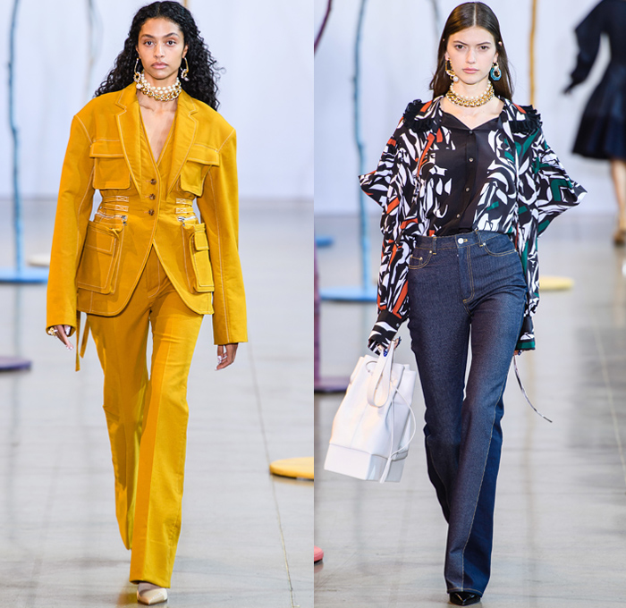 ADEAM by Hanako Maeda 2019-2020 Fall Autumn Winter Womens Runway Catwalk Looks - New York Fashion Week NYFW - Ainu Culture Ruffles Frills Bell Sleeves Cardigan Turtleneck Knit Sweater Long Sleeve Blouse Fins Field Bomber Jacket Denim Jeans Dress Lace Embroidery Wide Lapel Coat Shirtdress Straps Drawstring Belts Cinch Cargo Utility Pockets Skirt Mullet High Low Asymmetrical Hem Plaid Check Thigh High Boots Pearls Chain Strapless Sheer Tulle Gown Necklace Handbag
