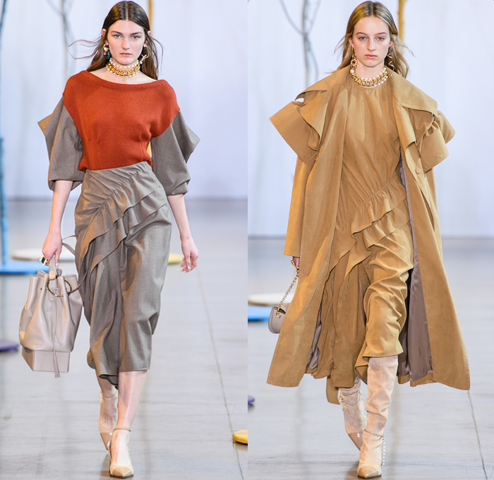 ADEAM by Hanako Maeda 2019-2020 Fall Autumn Winter Womens Runway Catwalk Looks - New York Fashion Week NYFW - Ainu Culture Ruffles Frills Bell Sleeves Cardigan Turtleneck Knit Sweater Long Sleeve Blouse Fins Field Bomber Jacket Denim Jeans Dress Lace Embroidery Wide Lapel Coat Shirtdress Straps Drawstring Belts Cinch Cargo Utility Pockets Skirt Mullet High Low Asymmetrical Hem Plaid Check Thigh High Boots Pearls Chain Strapless Sheer Tulle Gown Necklace Handbag