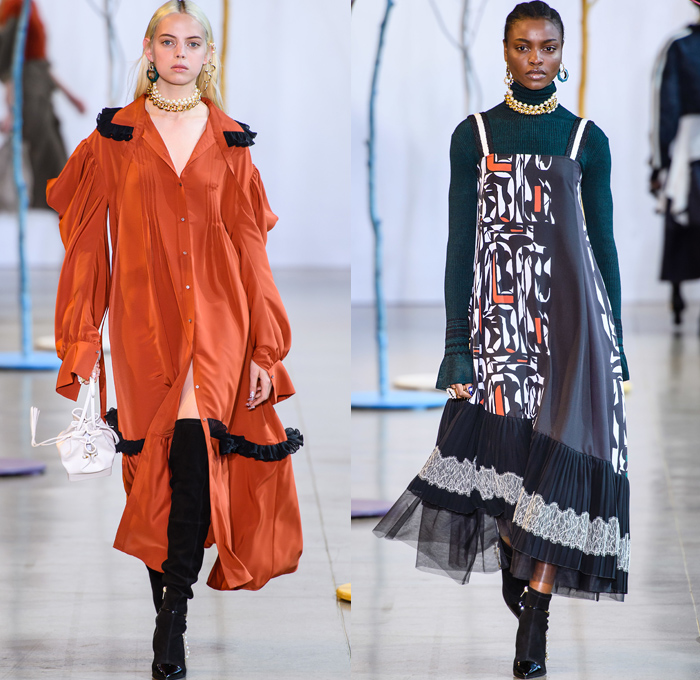 ADEAM by Hanako Maeda 2019-2020 Fall Autumn Winter Womens Runway Catwalk Looks - New York Fashion Week NYFW - Ainu Culture Ruffles Frills Bell Sleeves Cardigan Turtleneck Knit Sweater Long Sleeve Blouse Fins Field Bomber Jacket Denim Jeans Dress Lace Embroidery Wide Lapel Coat Shirtdress Straps Drawstring Belts Cinch Cargo Utility Pockets Skirt Mullet High Low Asymmetrical Hem Plaid Check Thigh High Boots Pearls Chain Strapless Sheer Tulle Gown Necklace Handbag
