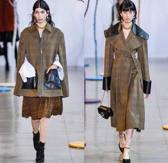 ADEAM by Hanako Maeda 2019-2020 Fall Autumn Winter Womens Runway Catwalk Looks - New York Fashion Week NYFW - Ainu Culture Ruffles Frills Bell Sleeves Cardigan Turtleneck Knit Sweater Long Sleeve Blouse Fins Field Bomber Jacket Denim Jeans Dress Lace Embroidery Wide Lapel Coat Shirtdress Straps Drawstring Belts Cinch Cargo Utility Pockets Skirt Mullet High Low Asymmetrical Hem Plaid Check Thigh High Boots Pearls Chain Strapless Sheer Tulle Gown Necklace Handbag