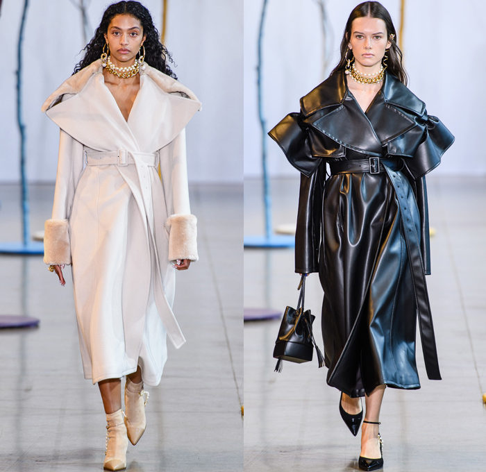 ADEAM by Hanako Maeda 2019-2020 Fall Autumn Winter Womens Runway Catwalk Looks - New York Fashion Week NYFW - Ainu Culture Ruffles Frills Bell Sleeves Cardigan Turtleneck Knit Sweater Long Sleeve Blouse Fins Field Bomber Jacket Denim Jeans Dress Lace Embroidery Wide Lapel Coat Shirtdress Straps Drawstring Belts Cinch Cargo Utility Pockets Skirt Mullet High Low Asymmetrical Hem Plaid Check Thigh High Boots Pearls Chain Strapless Sheer Tulle Gown Necklace Handbag