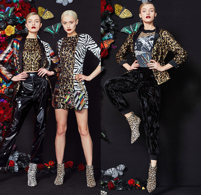 alice + olivia 2019-2020 Fall Autumn Winter Womens Lookbook Presentation - New York Fashion Week NYFW - Fantasia Butterflies Trompe L'oeil Flowers Floral Snakeskin Zebra Stripes Leopard Noodle Strap Strapless Dress Gown Cape Quilted Puffer Coat Jacket Hoodie Lace Embroidery Bedazzled Embellished Geometric Sequins Beads Gems Metallic Hardware Pussycat Bow Tiered Ruffles Accordion Pleats Velvet Bell Sleeves Jacquard Brocade Poufy Shoulders PVC Vinyl Wide Leg Pants Thigh High Boots