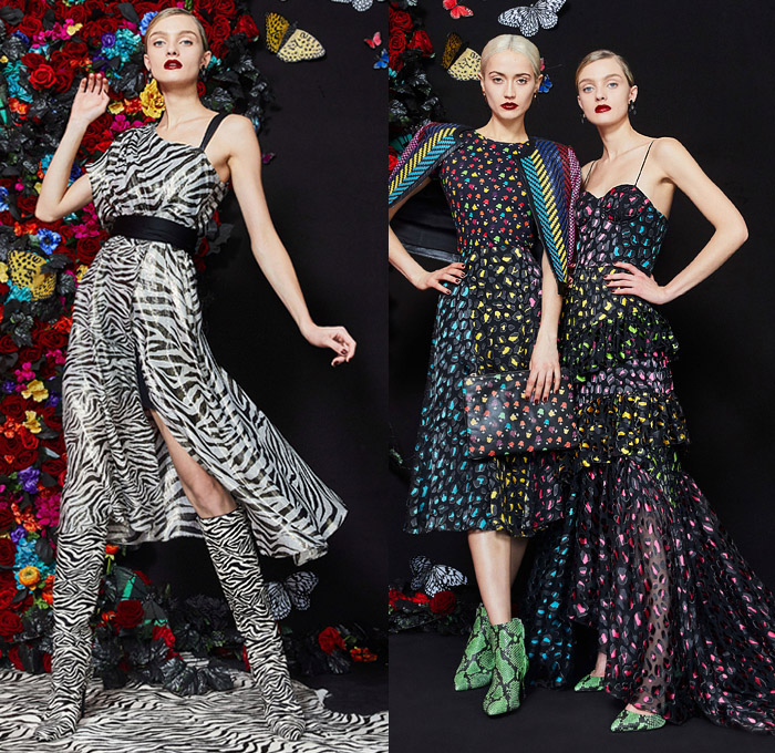 alice + olivia 2019-2020 Fall Autumn Winter Womens Lookbook Presentation - New York Fashion Week NYFW - Fantasia Butterflies Trompe L'oeil Flowers Floral Snakeskin Zebra Stripes Leopard Noodle Strap Strapless Dress Gown Cape Quilted Puffer Coat Jacket Hoodie Lace Embroidery Bedazzled Embellished Geometric Sequins Beads Gems Metallic Hardware Pussycat Bow Tiered Ruffles Accordion Pleats Velvet Bell Sleeves Jacquard Brocade Poufy Shoulders PVC Vinyl Wide Leg Pants Thigh High Boots
