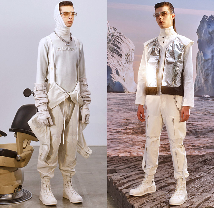 Ambush by Yoon Ahn 2019-2020 Fall Autumn Winter Mens Lookbook Collection - Mode à Paris Fashion Week Mode Masculine France - Fall on Earth Arctic Turtleneck Knit Mohair Sweater Chain Straps Belts Gloves Metallic Vest Parachute Aviator Cargo Pants Utility Pockets Motorcycle Biker Leather Bomber Quilted Puffer Hoodie Parka Jacket Check Plaid Suit Blazer Welding Glasses Fanny Pack Pouch Holster Canister Bum Bag Converse Chuck Taylor High Tops Boots