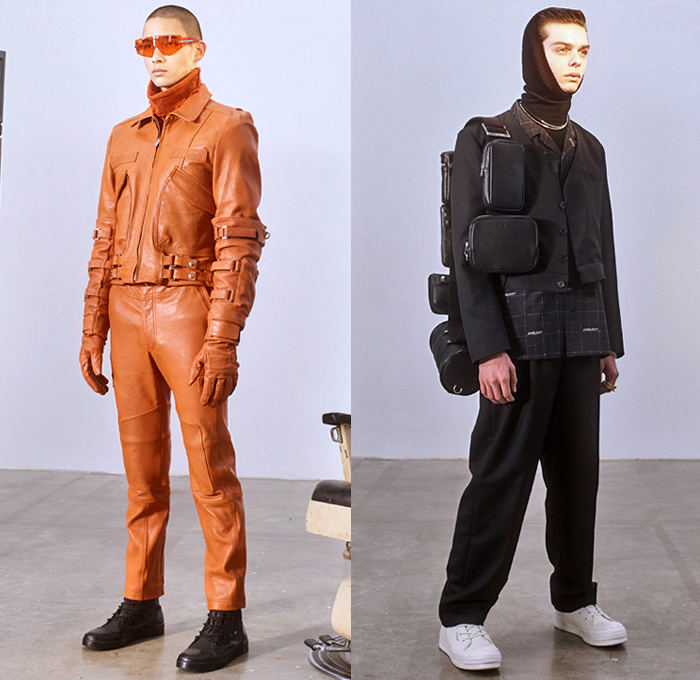 Ambush by Yoon Ahn 2019-2020 Fall Autumn Winter Mens Lookbook Collection - Mode à Paris Fashion Week Mode Masculine France - Fall on Earth Arctic Turtleneck Knit Mohair Sweater Chain Straps Belts Gloves Metallic Vest Parachute Aviator Cargo Pants Utility Pockets Motorcycle Biker Leather Bomber Quilted Puffer Hoodie Parka Jacket Check Plaid Suit Blazer Welding Glasses Fanny Pack Pouch Holster Canister Bum Bag Converse Chuck Taylor High Tops Boots