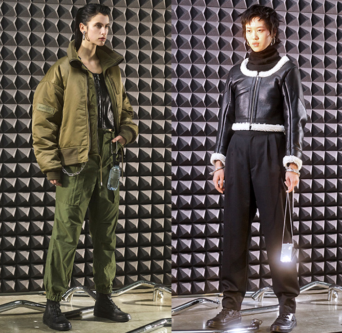Ambush by Yoon Ahn 2019-2020 Fall Autumn Winter Womens Lookbook Collection - Mode à Paris Fashion Week Mode Masculine France - Fall on Earth Arctic Quilted Puffer Parka Coat Shearling Fur Jacket Vest Cutout Shoulders Straps Belts Carabiner Knit Turtleneck Sweater Chain Crop Top Midriff Cape Cinch Dress Parachute Aviator Nylon Skirt Shirtdress Cargo Pants Utility Pockets Converse Chuck Taylor High Tops Boots Fanny Pack Pouch Holster Canister Bum Bag