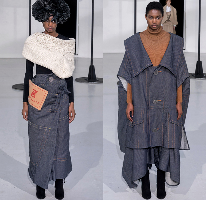 ANREALAGE 2019-2020 Fall Autumn Winter Womens Runway Catwalk Looks Kunihiko Morinaga - Mode à Paris Fashion Week France - Details Deconstructed Supersize Oversized Enlarged Close Up Giant Magnified Denim Jeans Waistband Pockets Knit Crochet Fringes Wide Lapel Coat Motorcycle Biker Quilted Puffer Turtleneck Pellegrina Cape Shirt Plaid Check Buttons Argyle Houndstooth Necklace Hook Palazzo Pants Cinch Ear Buds Zipper Tights Leggings Boots Shower Cap