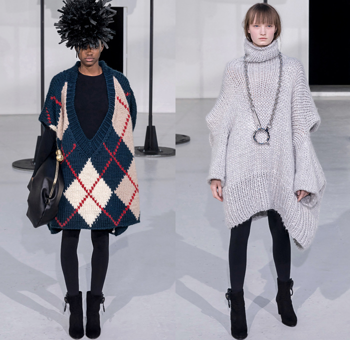 ANREALAGE 2019-2020 Fall Autumn Winter Womens Runway Catwalk Looks Kunihiko Morinaga - Mode à Paris Fashion Week France - Details Deconstructed Supersize Oversized Enlarged Close Up Giant Magnified Denim Jeans Waistband Pockets Knit Crochet Fringes Wide Lapel Coat Motorcycle Biker Quilted Puffer Turtleneck Pellegrina Cape Shirt Plaid Check Buttons Argyle Houndstooth Necklace Hook Palazzo Pants Cinch Ear Buds Zipper Tights Leggings Boots Shower Cap