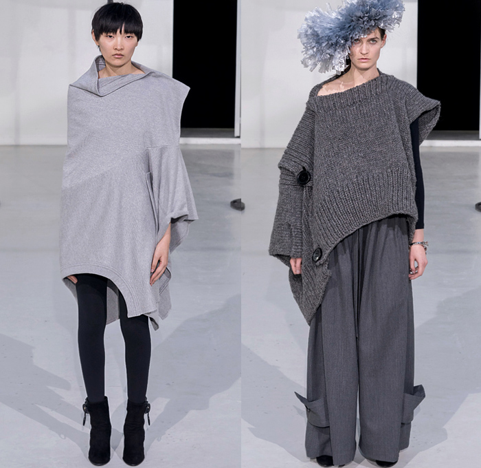 ANREALAGE 2019-2020 Fall Autumn Winter Womens Runway Catwalk Looks Kunihiko Morinaga - Mode à Paris Fashion Week France - Details Deconstructed Supersize Oversized Enlarged Close Up Giant Magnified Denim Jeans Waistband Pockets Knit Crochet Fringes Wide Lapel Coat Motorcycle Biker Quilted Puffer Turtleneck Pellegrina Cape Shirt Plaid Check Buttons Argyle Houndstooth Necklace Hook Palazzo Pants Cinch Ear Buds Zipper Tights Leggings Boots Shower Cap