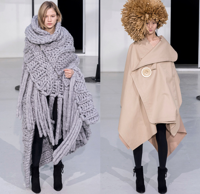 ANREALAGE 2019-2020 Fall Autumn Winter Womens Runway Catwalk Looks Kunihiko Morinaga - Mode à Paris Fashion Week France - Details Deconstructed Supersize Oversized Enlarged Close Up Giant Magnified Denim Jeans Waistband Pockets Knit Crochet Fringes Wide Lapel Coat Motorcycle Biker Quilted Puffer Turtleneck Pellegrina Cape Shirt Plaid Check Buttons Argyle Houndstooth Necklace Hook Palazzo Pants Cinch Ear Buds Zipper Tights Leggings Boots Shower Cap