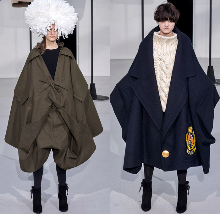 ANREALAGE 2019-2020 Fall Autumn Winter Womens Runway Catwalk Looks Kunihiko Morinaga - Mode à Paris Fashion Week France - Details Deconstructed Supersize Oversized Enlarged Close Up Giant Magnified Denim Jeans Waistband Pockets Knit Crochet Fringes Wide Lapel Coat Motorcycle Biker Quilted Puffer Turtleneck Pellegrina Cape Shirt Plaid Check Buttons Argyle Houndstooth Necklace Hook Palazzo Pants Cinch Ear Buds Zipper Tights Leggings Boots Shower Cap