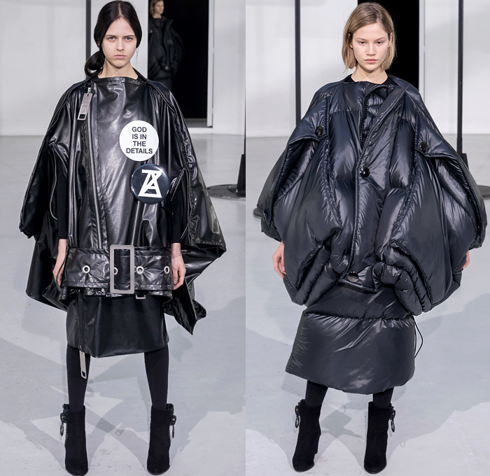 ANREALAGE 2019-2020 Fall Autumn Winter Womens Runway Catwalk Looks Kunihiko Morinaga - Mode à Paris Fashion Week France - Details Deconstructed Supersize Oversized Enlarged Close Up Giant Magnified Denim Jeans Waistband Pockets Knit Crochet Fringes Wide Lapel Coat Motorcycle Biker Quilted Puffer Turtleneck Pellegrina Cape Shirt Plaid Check Buttons Argyle Houndstooth Necklace Hook Palazzo Pants Cinch Ear Buds Zipper Tights Leggings Boots Shower Cap