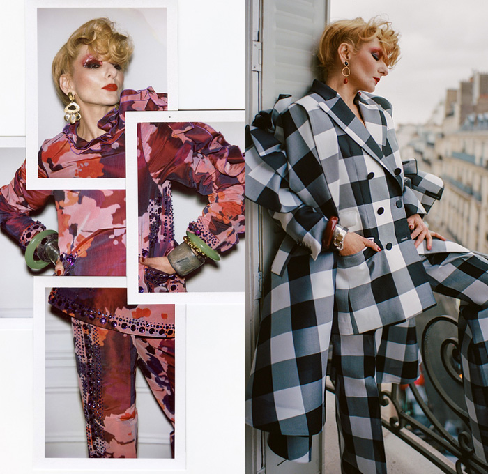 Antonio Berardi 2019-2020 Fall Autumn Winter Womens Lookbook Presentation - Milan Fashion Week Italy - Pink Camouflage Bedazzled Gems Crystals Ruffles Frills Ruche Tiered Check Plaid Pantsuit Double-Breasted Blazer Cutout Shoulders Maxi Dress Flowers Floral Print Strapless Bell Hem Sleeves Vest Gown Buttons Cross Stitch Wide Leg Pants