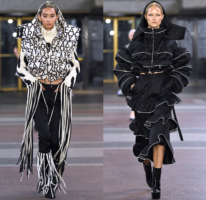 Area NYC 2019-2020 Fall Autumn Winter Womens Runway Catwalk Looks - New York Fashion Week NYFW - Dualities Soon Apocalypse Logo Mania Houndstooth Knit Turtleneck Sweater Fringes Hoodie Zipper Bedazzled Crystals Gems Ruffles Peplum Anorak Jacket Metallic Sheen Onesie Unitard Jumpsuit Bow Sheer Fur Tie-Dye Capelet Pellegrina Cargo Pockets Draped Halterneck One Shoulder Dress Miniskirt Fishnet Pointed Shoes Boots Canister Bag 