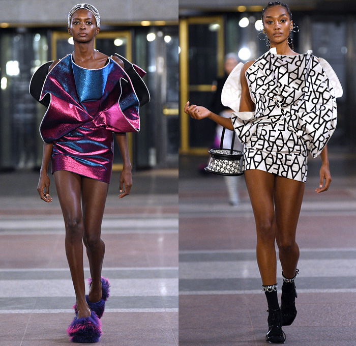 Area NYC 2019-2020 Fall Autumn Winter Womens Runway Catwalk Looks - New York Fashion Week NYFW - Dualities Soon Apocalypse Logo Mania Houndstooth Knit Turtleneck Sweater Fringes Hoodie Zipper Bedazzled Crystals Gems Ruffles Peplum Anorak Jacket Metallic Sheen Onesie Unitard Jumpsuit Bow Sheer Fur Tie-Dye Capelet Pellegrina Cargo Pockets Draped Halterneck One Shoulder Dress Miniskirt Fishnet Pointed Shoes Boots Canister Bag 