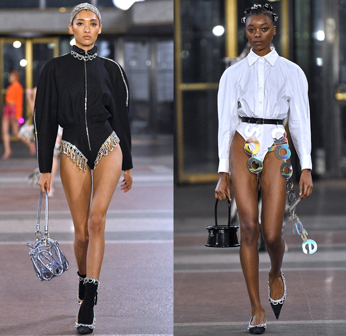 Area NYC 2019-2020 Fall Autumn Winter Womens Runway Catwalk Looks - New York Fashion Week NYFW - Dualities Soon Apocalypse Logo Mania Houndstooth Knit Turtleneck Sweater Fringes Hoodie Zipper Bedazzled Crystals Gems Ruffles Peplum Anorak Jacket Metallic Sheen Onesie Unitard Jumpsuit Bow Sheer Fur Tie-Dye Capelet Pellegrina Cargo Pockets Draped Halterneck One Shoulder Dress Miniskirt Fishnet Pointed Shoes Boots Canister Bag 