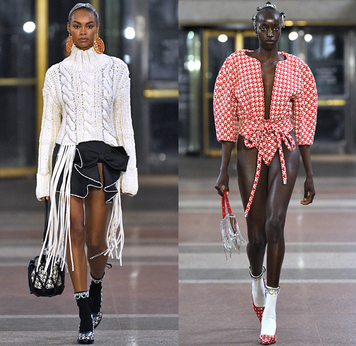 Area NYC 2019-2020 Fall Autumn Winter Womens Runway Catwalk Looks - New York Fashion Week NYFW - Dualities Soon Apocalypse Logo Mania Houndstooth Knit Turtleneck Sweater Fringes Hoodie Zipper Bedazzled Crystals Gems Ruffles Peplum Anorak Jacket Metallic Sheen Onesie Unitard Jumpsuit Bow Sheer Fur Tie-Dye Capelet Pellegrina Cargo Pockets Draped Halterneck One Shoulder Dress Miniskirt Fishnet Pointed Shoes Boots Canister Bag 