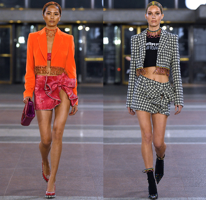 Area NYC 2019-2020 Fall Autumn Winter Womens Runway Catwalk Looks - New York Fashion Week NYFW - Dualities Soon Apocalypse Logo Mania Houndstooth Knit Turtleneck Sweater Fringes Hoodie Zipper Bedazzled Crystals Gems Ruffles Peplum Anorak Jacket Metallic Sheen Onesie Unitard Jumpsuit Bow Sheer Fur Tie-Dye Capelet Pellegrina Cargo Pockets Draped Halterneck One Shoulder Dress Miniskirt Fishnet Pointed Shoes Boots Canister Bag 