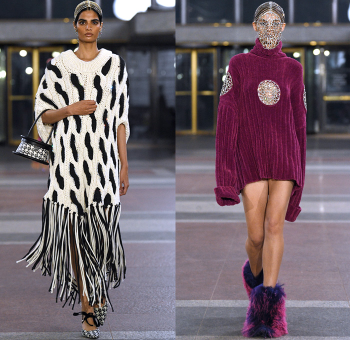 Area NYC 2019-2020 Fall Autumn Winter Womens Runway Catwalk Looks - New York Fashion Week NYFW - Dualities Soon Apocalypse Logo Mania Houndstooth Knit Turtleneck Sweater Fringes Hoodie Zipper Bedazzled Crystals Gems Ruffles Peplum Anorak Jacket Metallic Sheen Onesie Unitard Jumpsuit Bow Sheer Fur Tie-Dye Capelet Pellegrina Cargo Pockets Draped Halterneck One Shoulder Dress Miniskirt Fishnet Pointed Shoes Boots Canister Bag 