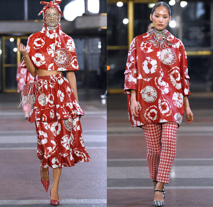 Area NYC 2019-2020 Fall Autumn Winter Womens Runway Catwalk Looks - New York Fashion Week NYFW - Dualities Soon Apocalypse Logo Mania Houndstooth Knit Turtleneck Sweater Fringes Hoodie Zipper Bedazzled Crystals Gems Ruffles Peplum Anorak Jacket Metallic Sheen Onesie Unitard Jumpsuit Bow Sheer Fur Tie-Dye Capelet Pellegrina Cargo Pockets Draped Halterneck One Shoulder Dress Miniskirt Fishnet Pointed Shoes Boots Canister Bag 