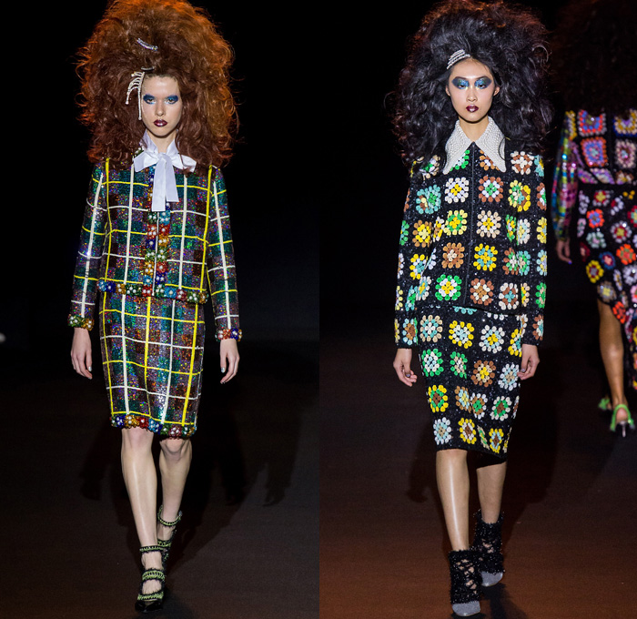 Ashish Gupta 2019-2020 Fall Autumn Winter Womens Runway Catwalk Looks - London Fashion Week Collections UK - Grandma Chic Knit Crochet Blanket Bedazzled Sequins Pearls Embroidery Handcrafted Big Hair Check Stripes Pussycat Bow Ribbon Wide Pointed Collar Jacket Sweater Asymmetrical Hem Skirt Shirtdress Cloak Shawl Maxi Dress Vest Denim Jeans Flowers Floral Stars Cross Tie-Dye Zigzag Long Sleeve Shirt Ruffles Gown