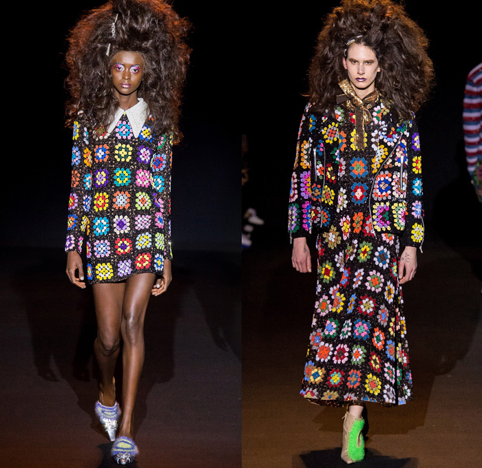 Ashish Gupta 2019-2020 Fall Autumn Winter Womens Runway Catwalk Looks - London Fashion Week Collections UK - Grandma Chic Knit Crochet Blanket Bedazzled Sequins Pearls Embroidery Handcrafted Big Hair Check Stripes Pussycat Bow Ribbon Wide Pointed Collar Jacket Sweater Asymmetrical Hem Skirt Shirtdress Cloak Shawl Maxi Dress Vest Denim Jeans Flowers Floral Stars Cross Tie-Dye Zigzag Long Sleeve Shirt Ruffles Gown