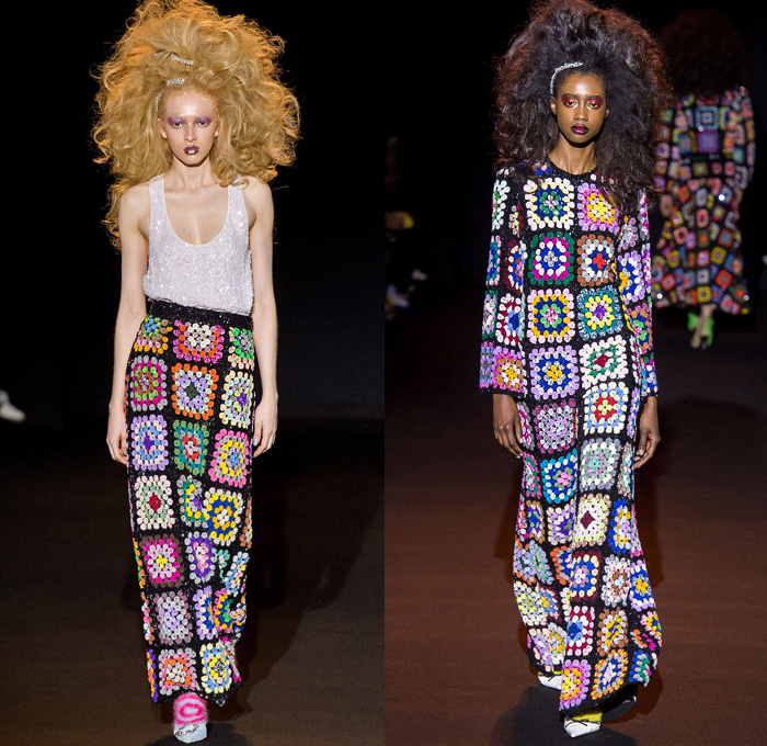 Ashish Gupta 2019-2020 Fall Autumn Winter Womens Runway Catwalk Looks - London Fashion Week Collections UK - Grandma Chic Knit Crochet Blanket Bedazzled Sequins Pearls Embroidery Handcrafted Big Hair Check Stripes Pussycat Bow Ribbon Wide Pointed Collar Jacket Sweater Asymmetrical Hem Skirt Shirtdress Cloak Shawl Maxi Dress Vest Denim Jeans Flowers Floral Stars Cross Tie-Dye Zigzag Long Sleeve Shirt Ruffles Gown