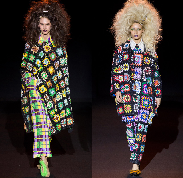 Ashish Gupta 2019-2020 Fall Autumn Winter Womens Runway Catwalk Looks - London Fashion Week Collections UK - Grandma Chic Knit Crochet Blanket Bedazzled Sequins Pearls Embroidery Handcrafted Big Hair Check Stripes Pussycat Bow Ribbon Wide Pointed Collar Jacket Sweater Asymmetrical Hem Skirt Shirtdress Cloak Shawl Maxi Dress Vest Denim Jeans Flowers Floral Stars Cross Tie-Dye Zigzag Long Sleeve Shirt Ruffles Gown