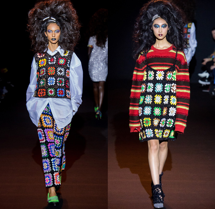 Ashish Gupta 2019-2020 Fall Autumn Winter Womens Runway Catwalk Looks - London Fashion Week Collections UK - Grandma Chic Knit Crochet Blanket Bedazzled Sequins Pearls Embroidery Handcrafted Big Hair Check Stripes Pussycat Bow Ribbon Wide Pointed Collar Jacket Sweater Asymmetrical Hem Skirt Shirtdress Cloak Shawl Maxi Dress Vest Denim Jeans Flowers Floral Stars Cross Tie-Dye Zigzag Long Sleeve Shirt Ruffles Gown