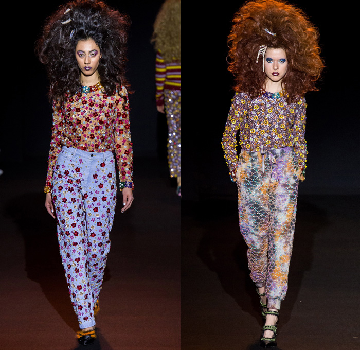 Ashish Gupta 2019-2020 Fall Autumn Winter Womens Runway Catwalk Looks - London Fashion Week Collections UK - Grandma Chic Knit Crochet Blanket Bedazzled Sequins Pearls Embroidery Handcrafted Big Hair Check Stripes Pussycat Bow Ribbon Wide Pointed Collar Jacket Sweater Asymmetrical Hem Skirt Shirtdress Cloak Shawl Maxi Dress Vest Denim Jeans Flowers Floral Stars Cross Tie-Dye Zigzag Long Sleeve Shirt Ruffles Gown