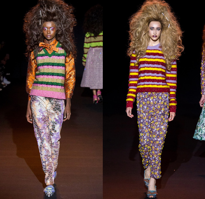 Ashish Gupta 2019-2020 Fall Autumn Winter Womens Runway Catwalk Looks - London Fashion Week Collections UK - Grandma Chic Knit Crochet Blanket Bedazzled Sequins Pearls Embroidery Handcrafted Big Hair Check Stripes Pussycat Bow Ribbon Wide Pointed Collar Jacket Sweater Asymmetrical Hem Skirt Shirtdress Cloak Shawl Maxi Dress Vest Denim Jeans Flowers Floral Stars Cross Tie-Dye Zigzag Long Sleeve Shirt Ruffles Gown