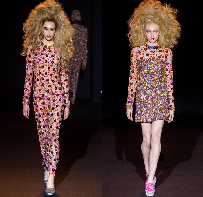 Ashish Gupta 2019-2020 Fall Autumn Winter Womens Runway Catwalk Looks - London Fashion Week Collections UK - Grandma Chic Knit Crochet Blanket Bedazzled Sequins Pearls Embroidery Handcrafted Big Hair Check Stripes Pussycat Bow Ribbon Wide Pointed Collar Jacket Sweater Asymmetrical Hem Skirt Shirtdress Cloak Shawl Maxi Dress Vest Denim Jeans Flowers Floral Stars Cross Tie-Dye Zigzag Long Sleeve Shirt Ruffles Gown