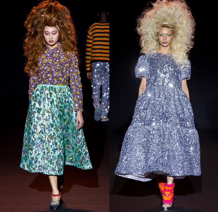 Ashish Gupta 2019-2020 Fall Autumn Winter Womens Runway Catwalk Looks - London Fashion Week Collections UK - Grandma Chic Knit Crochet Blanket Bedazzled Sequins Pearls Embroidery Handcrafted Big Hair Check Stripes Pussycat Bow Ribbon Wide Pointed Collar Jacket Sweater Asymmetrical Hem Skirt Shirtdress Cloak Shawl Maxi Dress Vest Denim Jeans Flowers Floral Stars Cross Tie-Dye Zigzag Long Sleeve Shirt Ruffles Gown