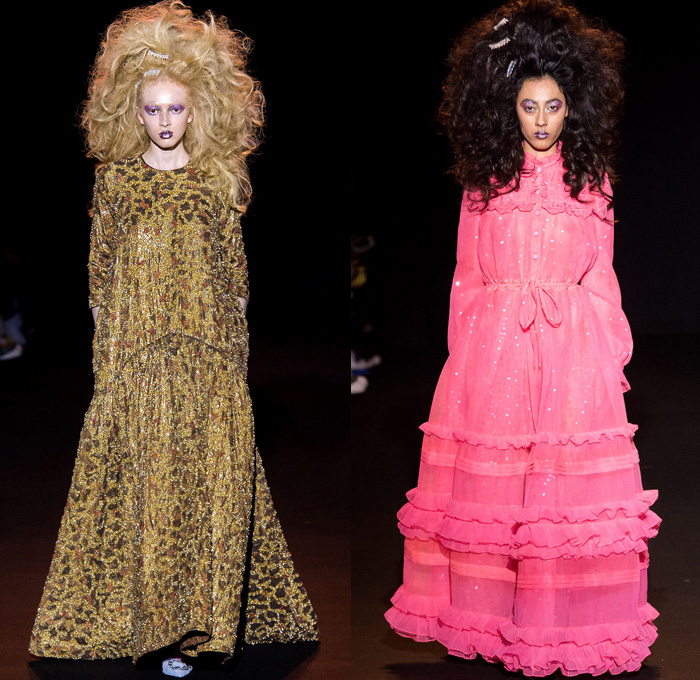 Ashish Gupta 2019-2020 Fall Autumn Winter Womens Runway Catwalk Looks - London Fashion Week Collections UK - Grandma Chic Knit Crochet Blanket Bedazzled Sequins Pearls Embroidery Handcrafted Big Hair Check Stripes Pussycat Bow Ribbon Wide Pointed Collar Jacket Sweater Asymmetrical Hem Skirt Shirtdress Cloak Shawl Maxi Dress Vest Denim Jeans Flowers Floral Stars Cross Tie-Dye Zigzag Long Sleeve Shirt Ruffles Gown