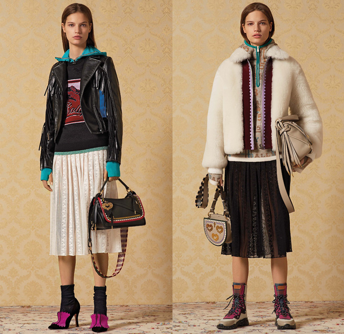 Bally of Switzerland 2019-2020 Fall Autumn Winter Womens Lookbook Presentation - Milano Moda Donna Collezione Milan Fashion Week Italy - Alpine Fringes Leather Jacket Lace Embroidery Cutwork Cutout Skirt Schweizerische Herzstiftung Heart Plush Fur Coat Zigzag Jagged Teeth Turtleneck Knit Sweater Aviator Hat Poncho Blanket Flowers Floral Semicircle Half Moon Harriet Bag Boots Round Sunglasses