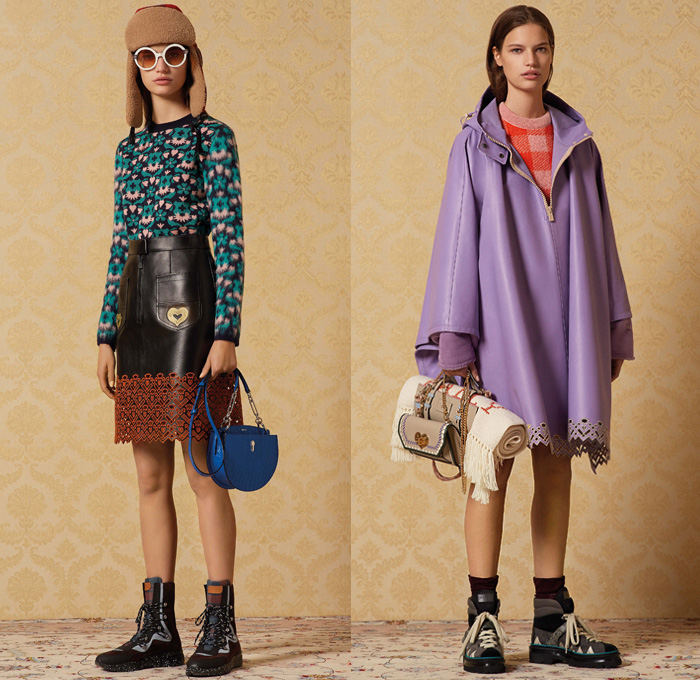 Bally of Switzerland 2019-2020 Fall Autumn Winter Womens Lookbook Presentation - Milano Moda Donna Collezione Milan Fashion Week Italy - Alpine Fringes Leather Jacket Lace Embroidery Cutwork Cutout Skirt Schweizerische Herzstiftung Heart Plush Fur Coat Zigzag Jagged Teeth Turtleneck Knit Sweater Aviator Hat Poncho Blanket Flowers Floral Semicircle Half Moon Harriet Bag Boots Round Sunglasses