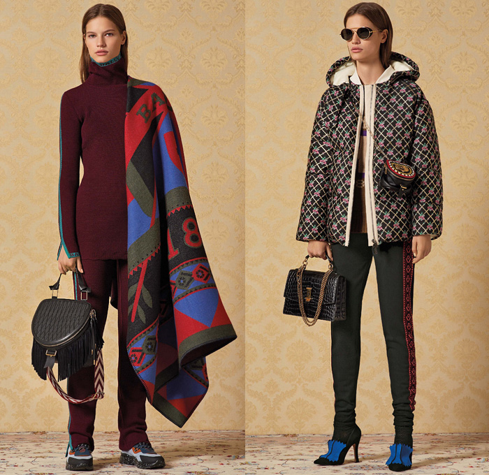 Bally of Switzerland 2019-2020 Fall Autumn Winter Womens Lookbook Presentation - Milano Moda Donna Collezione Milan Fashion Week Italy - Alpine Fringes Leather Jacket Lace Embroidery Cutwork Cutout Skirt Schweizerische Herzstiftung Heart Plush Fur Coat Zigzag Jagged Teeth Turtleneck Knit Sweater Aviator Hat Poncho Blanket Flowers Floral Semicircle Half Moon Harriet Bag Boots Round Sunglasses