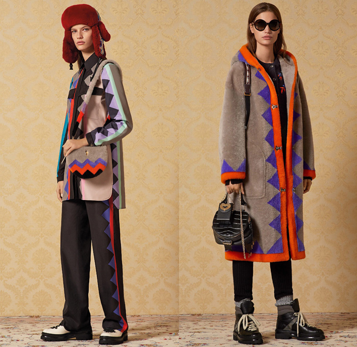 Bally of Switzerland 2019-2020 Fall Autumn Winter Womens Lookbook Presentation - Milano Moda Donna Collezione Milan Fashion Week Italy - Alpine Fringes Leather Jacket Lace Embroidery Cutwork Cutout Skirt Schweizerische Herzstiftung Heart Plush Fur Coat Zigzag Jagged Teeth Turtleneck Knit Sweater Aviator Hat Poncho Blanket Flowers Floral Semicircle Half Moon Harriet Bag Boots Round Sunglasses