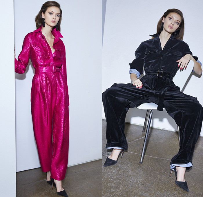 Bande Noir 2019-2020 Fall Autumn Winter Womens Lookbook Presentation - New York Fashion Week NYFW - Denim Jeans Velvet Utilitarian Onesie Jumpsuit Coveralls Pink Lamè Pantsuit Cross Wrap Plaid Check Stripes Handkerchief Hem Houndstooth Peplum Strapless Ruffles Sleeveless Tabard Vestdress Pleats Jacket Maxi Dress Flowers Floral Print Wide Leg Shirtdress Bedazzled Sequins Sheer Chiffon Blouse Lace Embroidery Needlework Silk Satin Poufy Shoulders Fins 