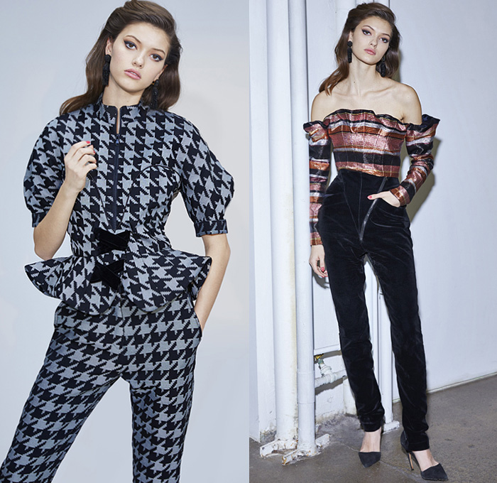 Bande Noir 2019-2020 Fall Autumn Winter Womens Lookbook Presentation - New York Fashion Week NYFW - Denim Jeans Velvet Utilitarian Onesie Jumpsuit Coveralls Pink Lamè Pantsuit Cross Wrap Plaid Check Stripes Handkerchief Hem Houndstooth Peplum Strapless Ruffles Sleeveless Tabard Vestdress Pleats Jacket Maxi Dress Flowers Floral Print Wide Leg Shirtdress Bedazzled Sequins Sheer Chiffon Blouse Lace Embroidery Needlework Silk Satin Poufy Shoulders Fins 