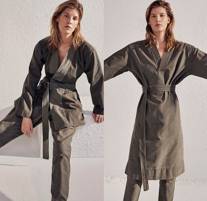 Bassike 2019-2020 Fall Autumn Winter Womens Lookbook Presentation - New York Fashion Week NYFW - Casual Kimono Canvas D-Ring Belt Strap Stripes Shirtdress Long Sleeve Blouse Military Shirt Knit Sweater Shoulder Buttons Sleeveless Vest Check Hoodie Sweatshirt Coat Leggings Sandals