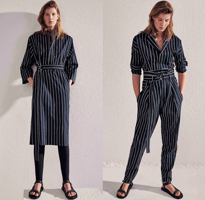 Bassike 2019-2020 Fall Autumn Winter Womens Lookbook Presentation - New York Fashion Week NYFW - Casual Kimono Canvas D-Ring Belt Strap Stripes Shirtdress Long Sleeve Blouse Military Shirt Knit Sweater Shoulder Buttons Sleeveless Vest Check Hoodie Sweatshirt Coat Leggings Sandals