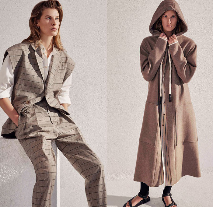 Bassike 2019-2020 Fall Autumn Winter Womens Lookbook Presentation - New York Fashion Week NYFW - Casual Kimono Canvas D-Ring Belt Strap Stripes Shirtdress Long Sleeve Blouse Military Shirt Knit Sweater Shoulder Buttons Sleeveless Vest Check Hoodie Sweatshirt Coat Leggings Sandals